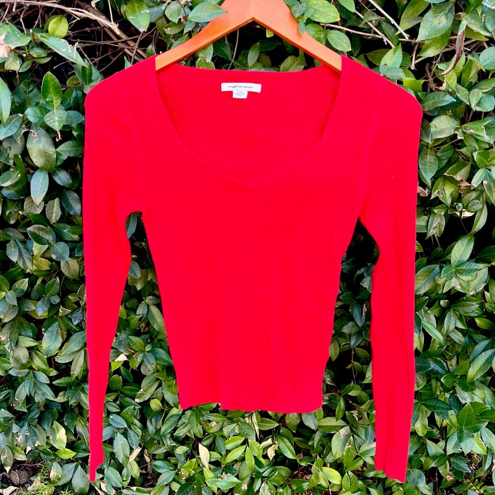 Ribbed American Eagle Outfitters Red Long Sleeve Blouse